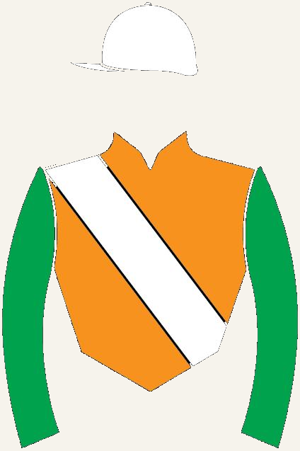 Chaqueta naranja, banda y gorra blanca, mangas verde nilo